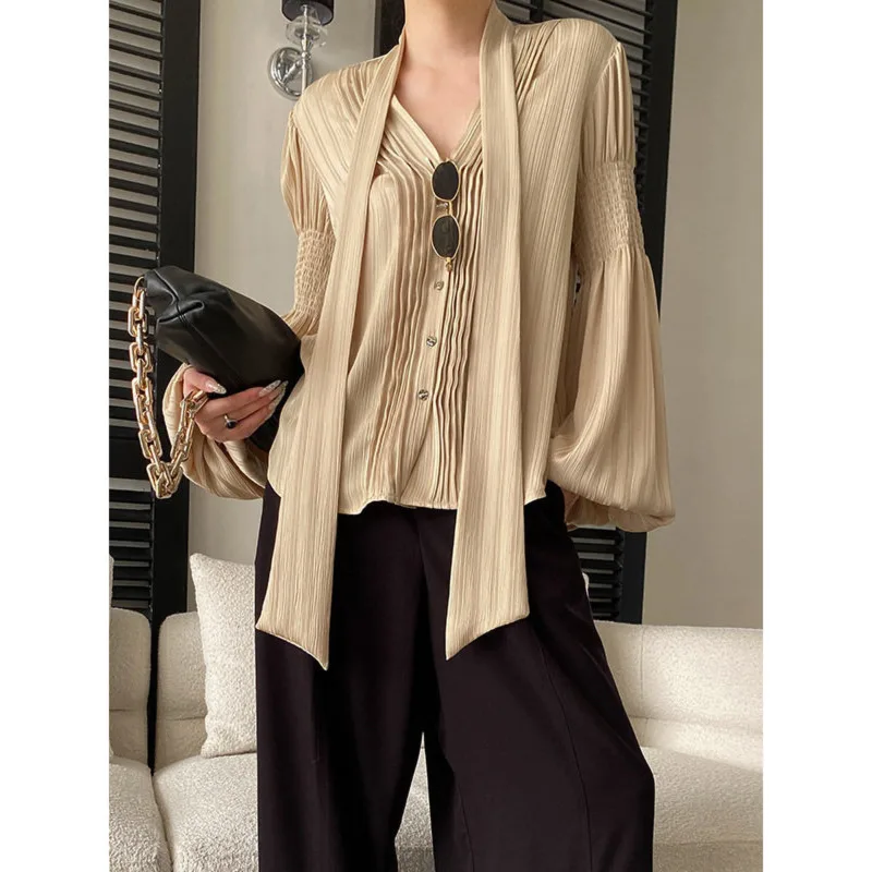 

Ribbon V-Neck Lantern Sleeve Blouse Women Spring Elegant Pleated Long Sleeve Textured Shirt