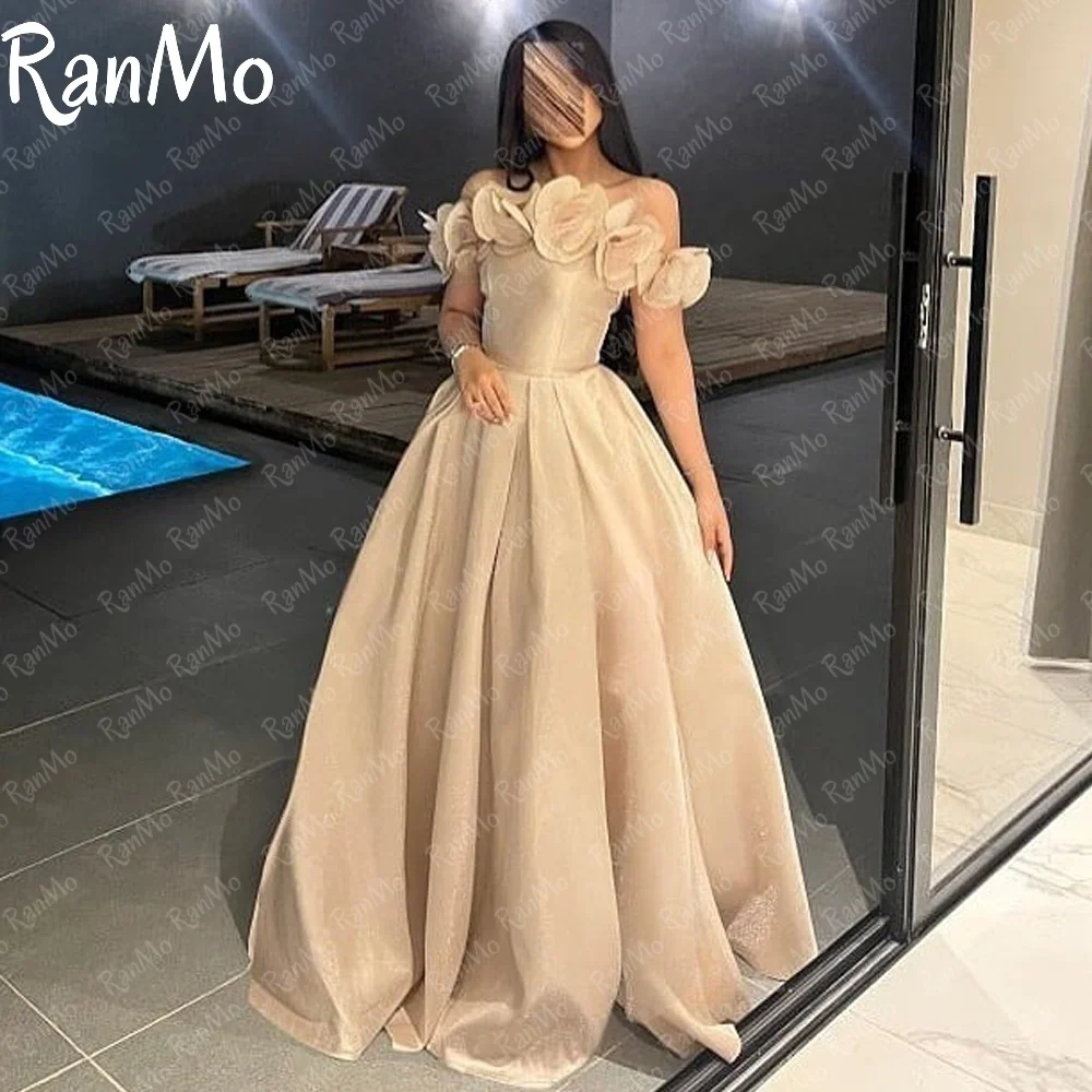 

Ranmo New Customized Satin A-line White Dress Saudi Evening Dress Off Shoulder 3D Flower Special Occasions فساتين سهرة