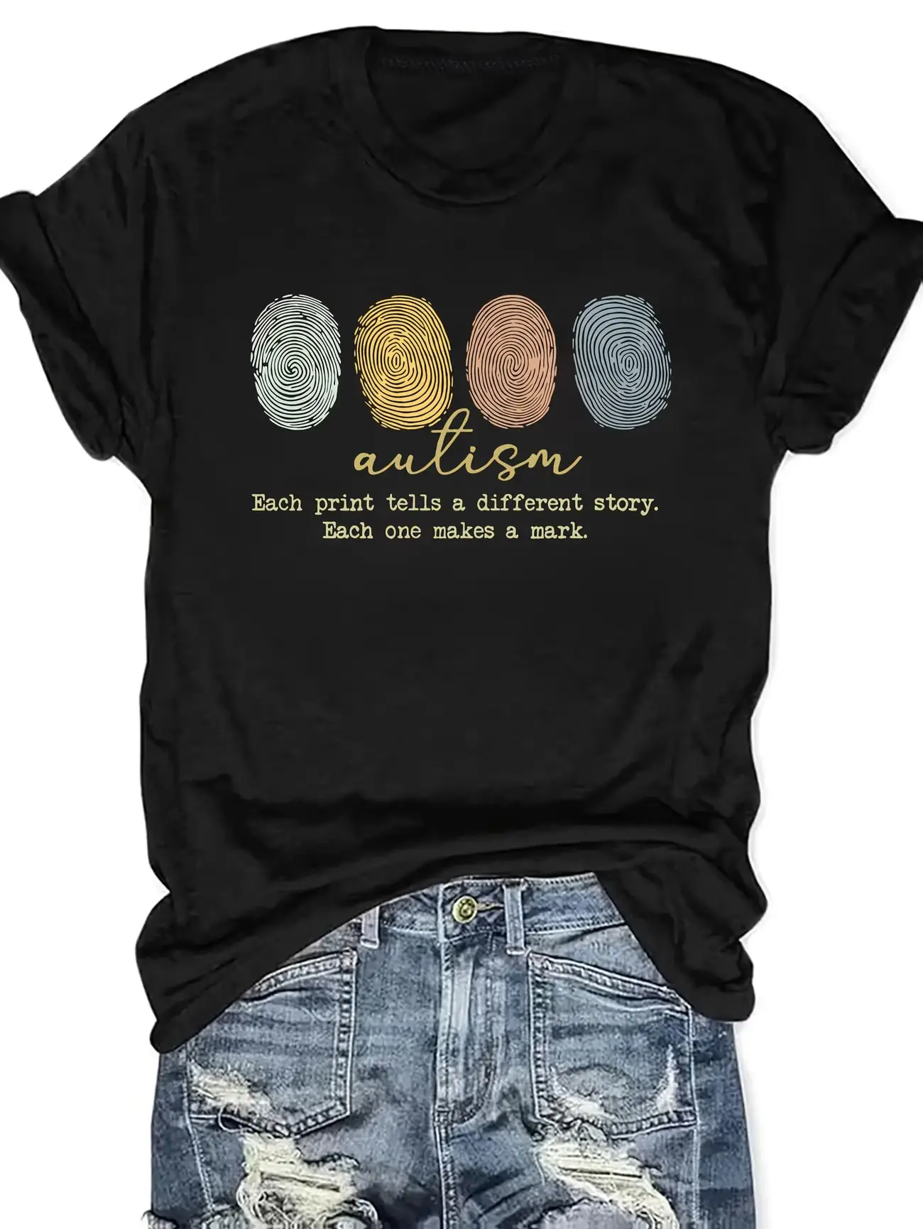 

Plus size women's short sleeve T-shirt Fingerprint Pattern Autism Message T-shirt soft and comfortable fabric summer outfits