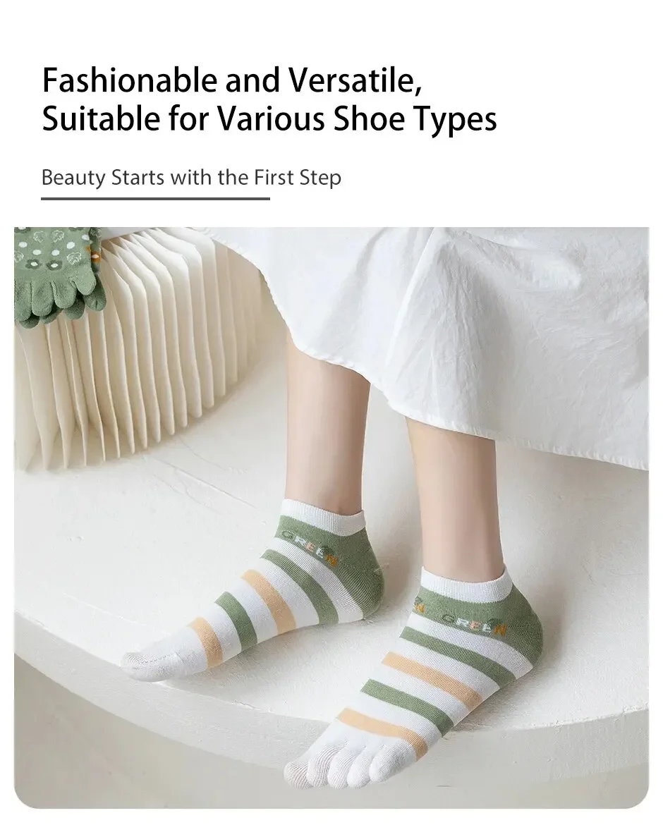6 Paare/los Kawaii Nette Fünf Finger Socken Frauen Sommer Dünne Söckchen mit Separaten Finger Baumwolle Floral Grün Zehen Socken – Detail 5