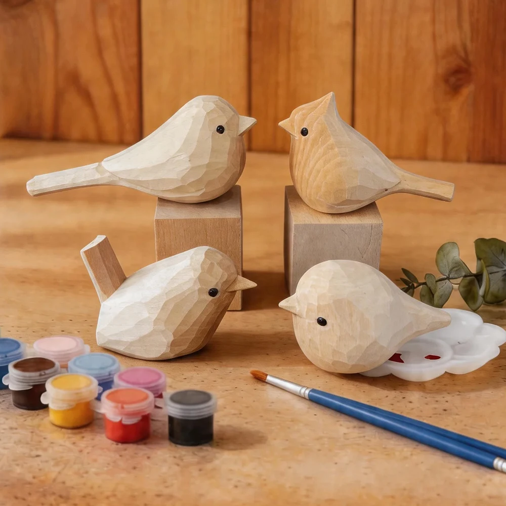 Figura Decorativa de Pájaro de Madera, Estatua Tallada a Mano, Kit de Pintura DIY, Escultura de Gorrion de Madera Natural para Relajación y Decoración del Hogar
