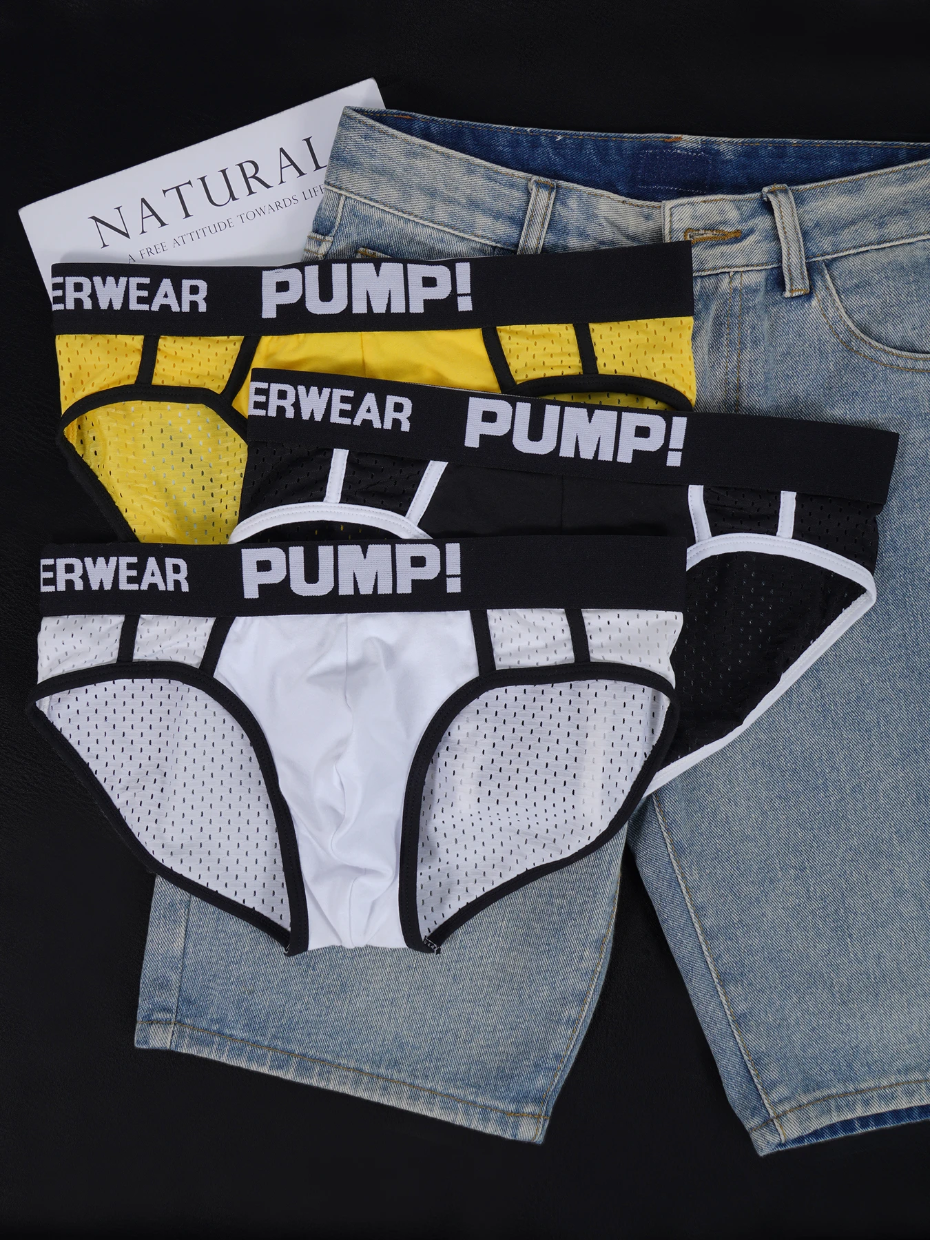 3PCS Men's PUMP! Mesh Briefs U Convex Pouch Elastic Waistband Breathable Quick Dry Sport Underwear