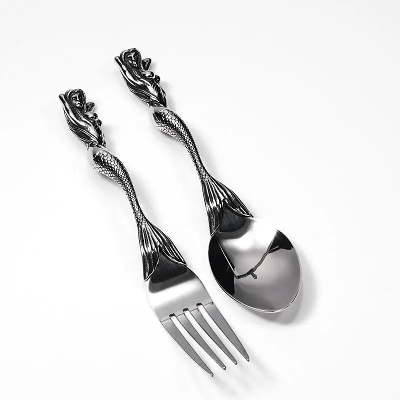 Halloween Titanium Steel Fork Spoon Skeleton Skull Mermaids Handle Tableware Vintage Dinner Table Flatware Set Christmas Gifts