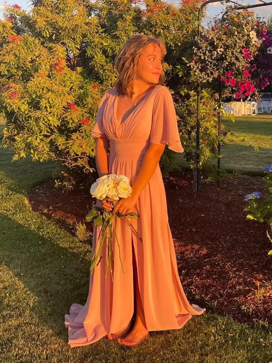 Women's V Neck Flutter Sleeve Bridesmaid Dresses for Wedding Chiffon Formal Evening Gowns Long with Slit Ball Party Gown