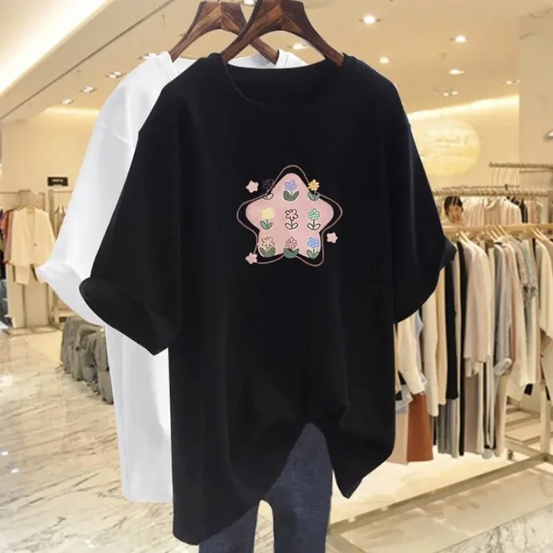 

Women Clothing 100% Cotton Loose Casual T-shirt, Vintage O-neck Basic Pullovers, Summer Cartoon Printed Short Sleeve Top Tee