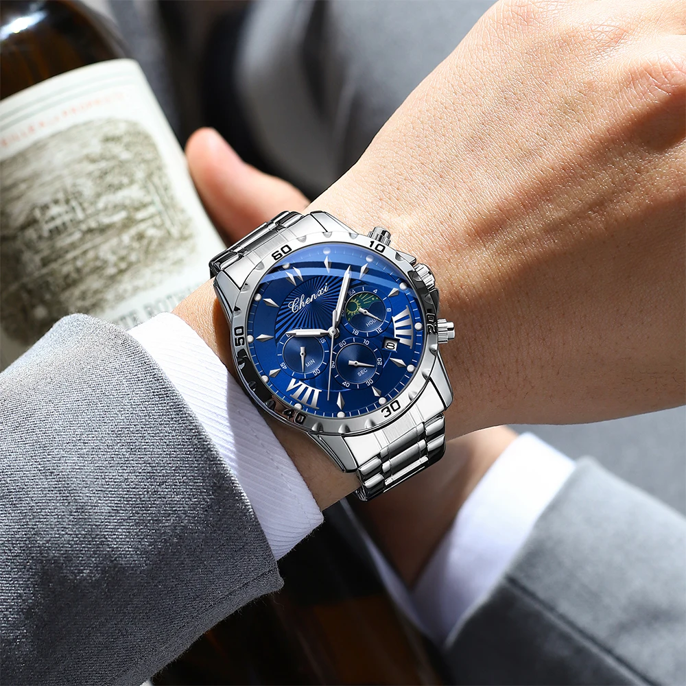 Business Men's Watch Luminous Waterproof Round Dial Man Watch CHENXI Calendar Display Stainless Steel Band Men's Wristwatch