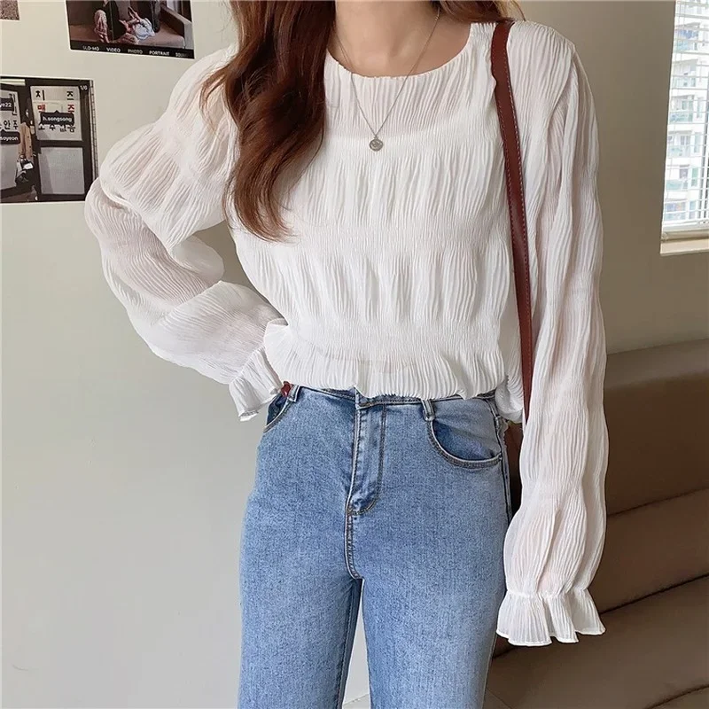 

Autumn New Style Korean T-shirt O-neck Long-sleeved Elegant This Pleated Top Ladies Pure Color Casual Fashion Top Y2k Aesthetic