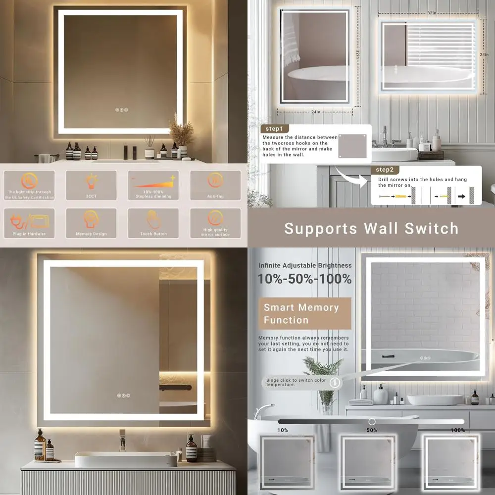 

36 LED-Illuminated Bathroom Mirror with Step-Dimming, Backlighting, Anti-Fog, and 3-Color Memory Function
