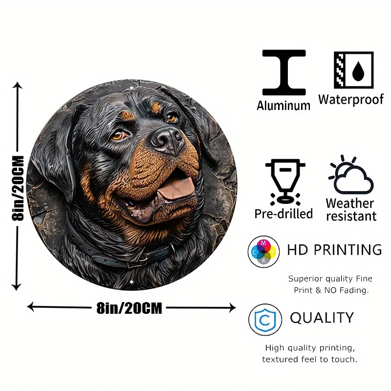 Large Round Aluminum Metal Sign, Decorative Rottweiler Dog Sculpture, Resin Coated, Weather Resistant, Door Hanger, 8x8in, 1PC
