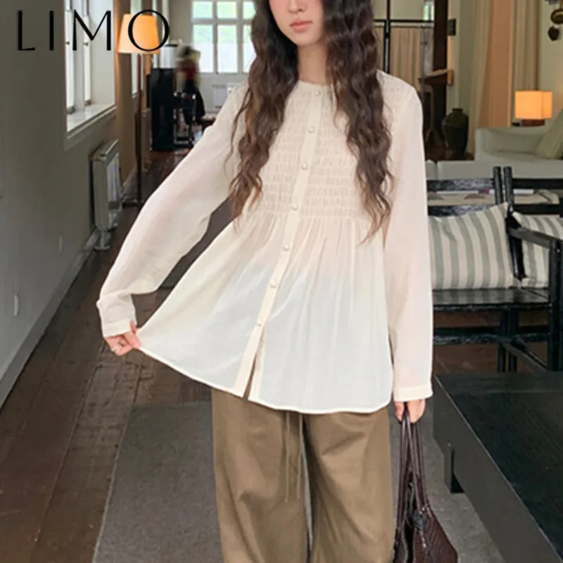 

LIMO Elegant Lace Blouse Women Fashion 2025 Ruffled Top Button Cuff Slim Fit Casual Chic Versatile Shirt Relaxed Lazy Style