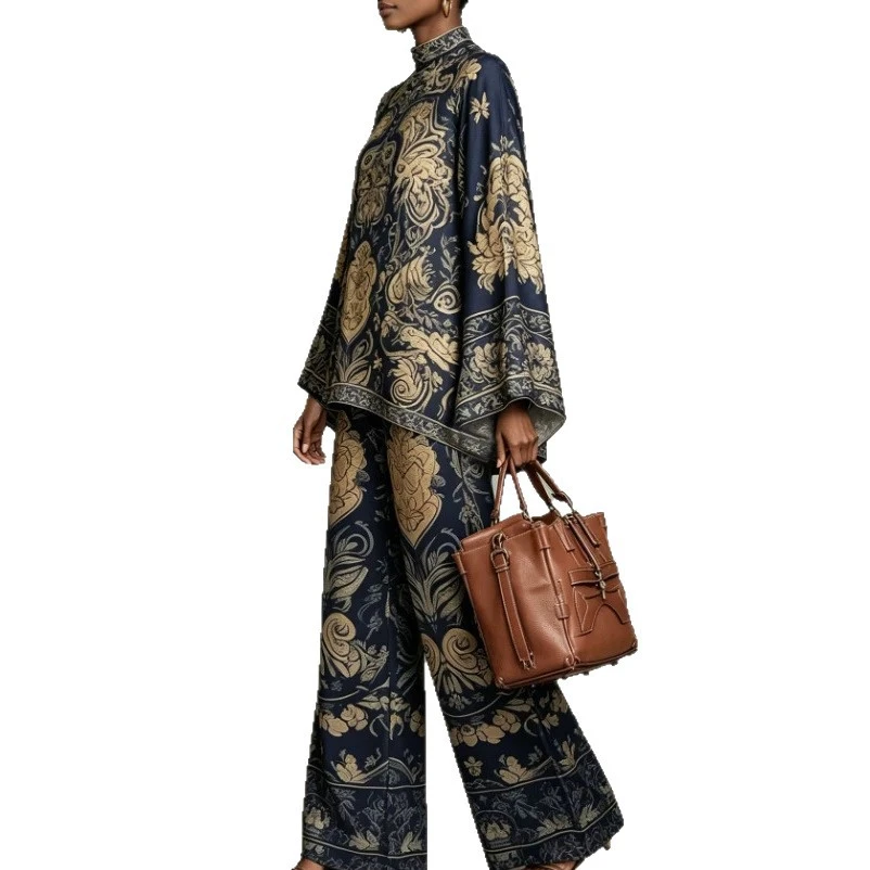 Retro Court Style Women Print 2 Piece Sets Stand Collar Loose Blouse High Waist Wide Leg Pants Suit Boho Vacation Casual Outfit