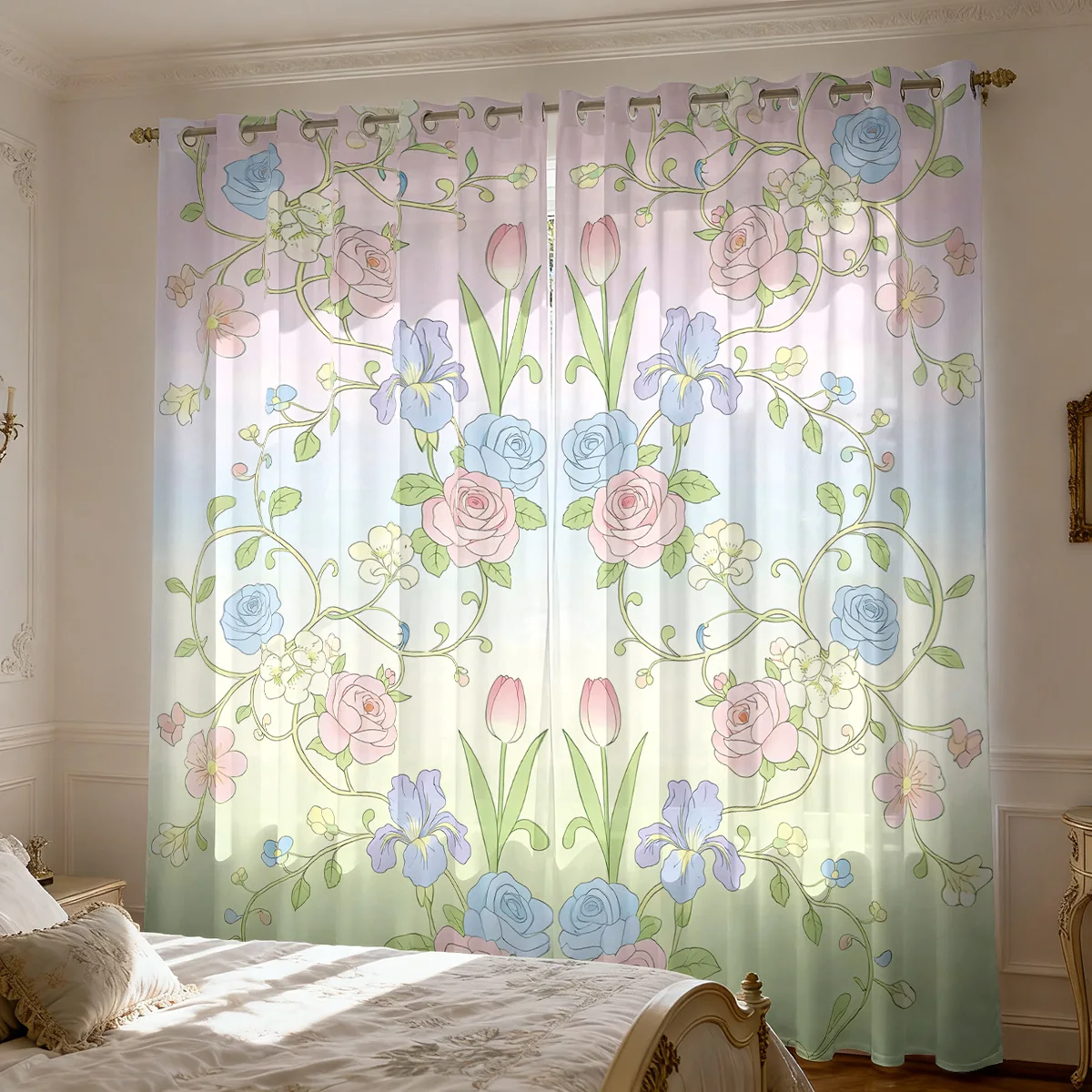 2pcs Spring Floral Print 90g Perforated Print Curtain Multiple Sizes Living Room Bedroom Insulation Light Blocking Decoration