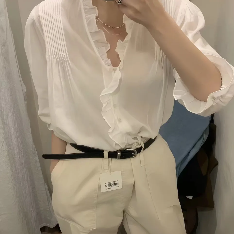 

Sweet Style Loose Fit Long Sleeve Lace Trim Thin Shirt Women's Premium Fashion Spring Collection Button Closure Casual Top