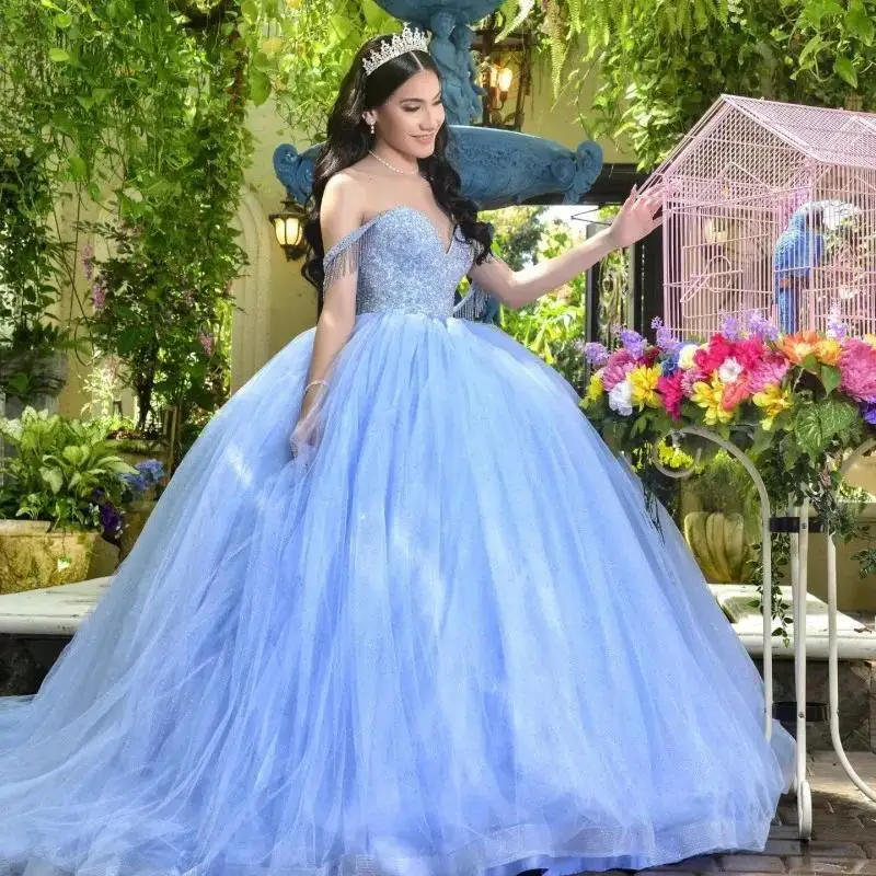 

Sky Blue Shiny Quinceanera Dresses Ball Gown Sweetheart Off Shoulder Crystal Beading Tull Corset vestidos de 15 años