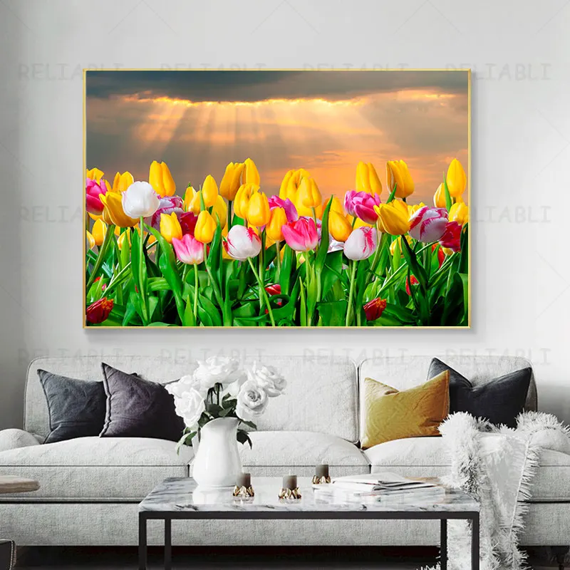 Nordic Colorful Tulip Field Wall Pictures Beautiful Flower Canvas Painting Wall Art Landscape Posters Prints iving Room Decor