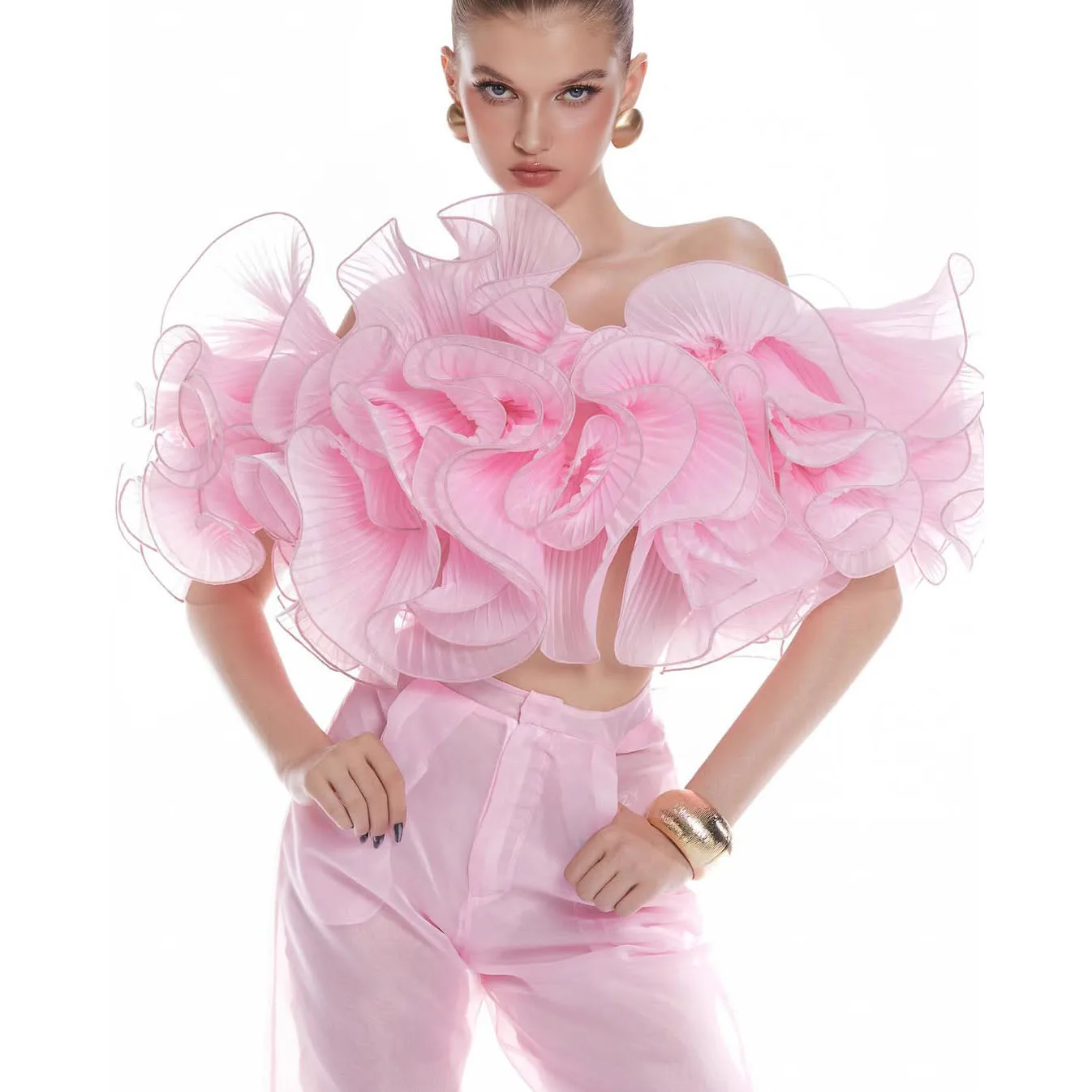 

Charming Pink Pleated Organza Off-Shoulder Ruffle Dress Women's Fashionable Soft Comfortable Material Trendy Party Wear Outfit