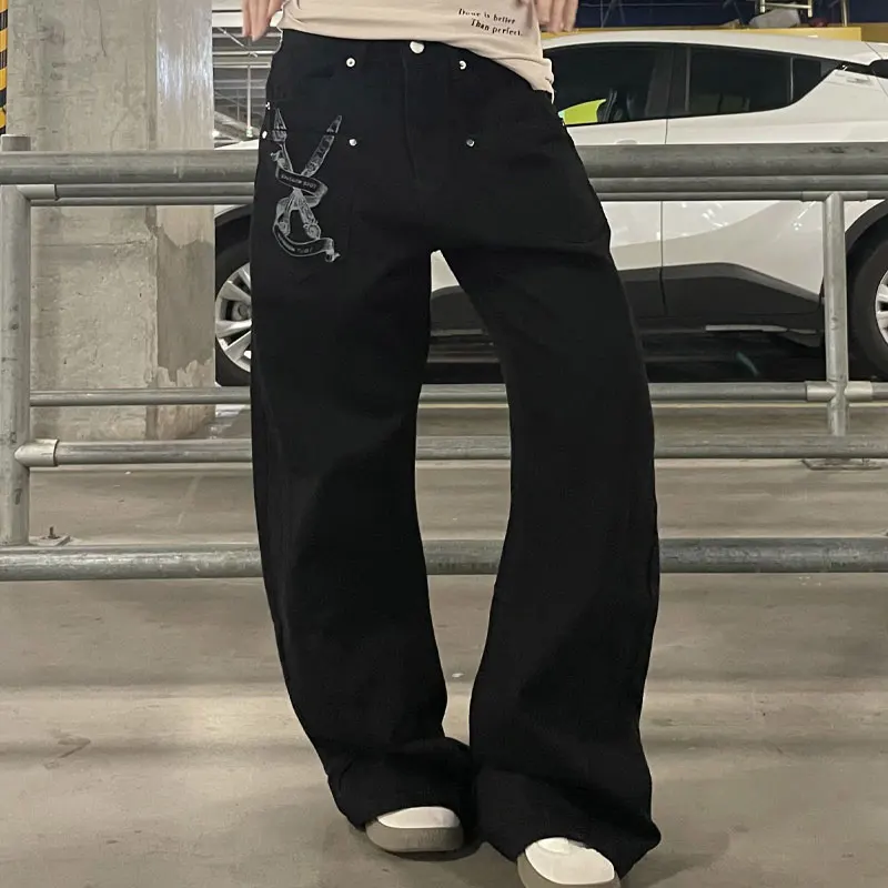 Women's Clothing Dark Style Print Wide Leg Trousers High Waist Rivet Denim Pants American Retro Loose Casual Streetwear Jeans