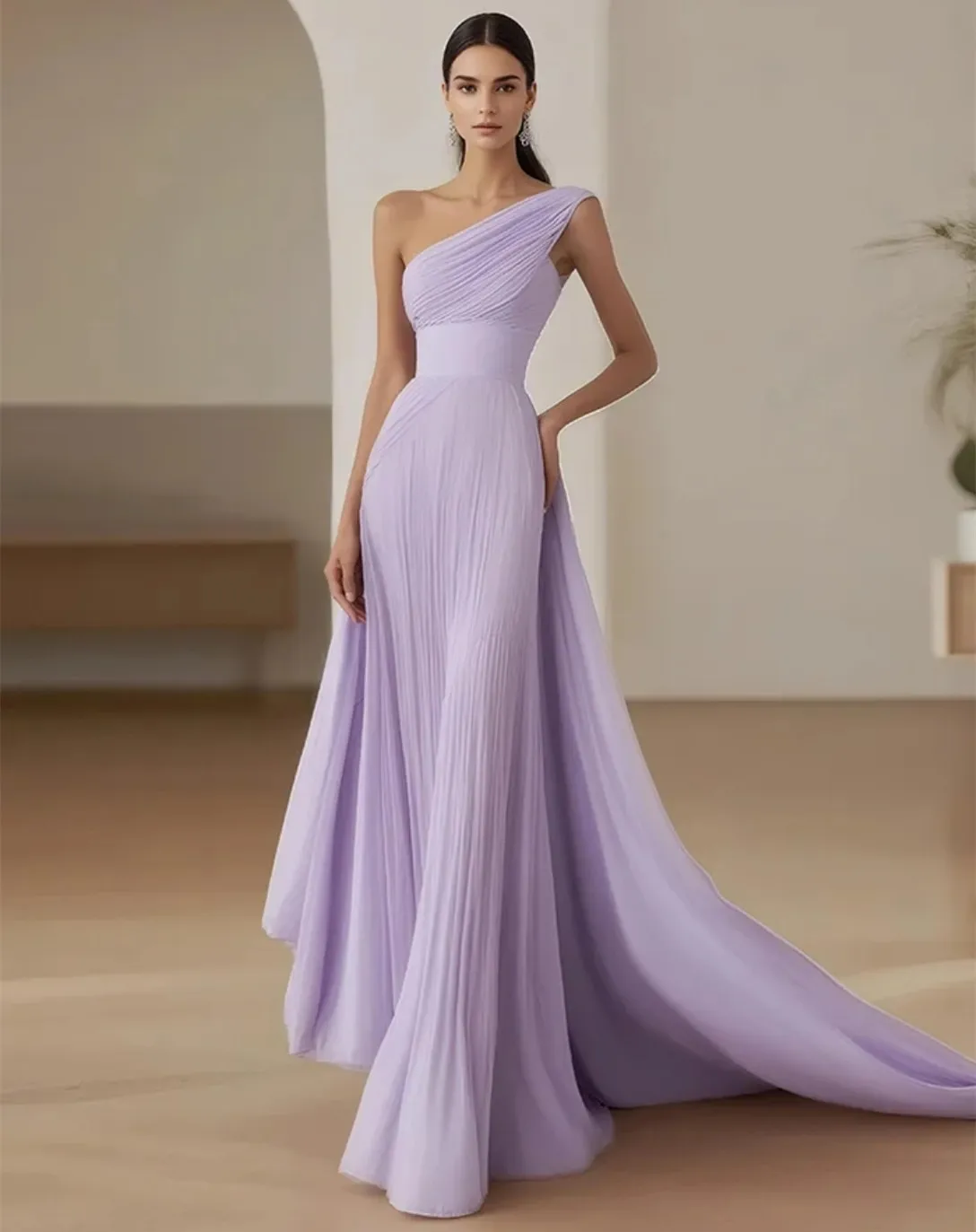 Customized Long One Shoulder Evening Dresses A-Line Chiffon Pleated فساتين الحفلة Prom Dress for Women
