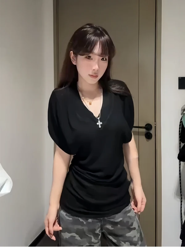 

plus Size Women's V-Ne ort Sve T-irt Slimming Batwing Sve Top Korean Sle Commute Faion ape Body pe