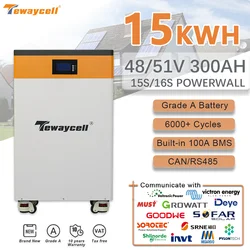 Tewaycell 48V 300AH LiFePO4 Battery Pack 15KWh Powerwall 6000 Cycles Lithium Iron Phosphate Buitl-in BMS 300A CAN RS485 Monitor