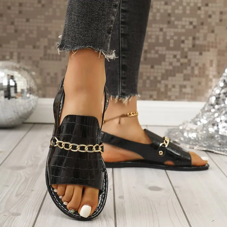 Damen Glitzer-Gold-Pantoletten Sommer Metallic Strukturierte Sandalen mit Ketten-Dekor Große Größen Offene Zehen Flache Slides Damen-Hausschuhe – Detail 16
