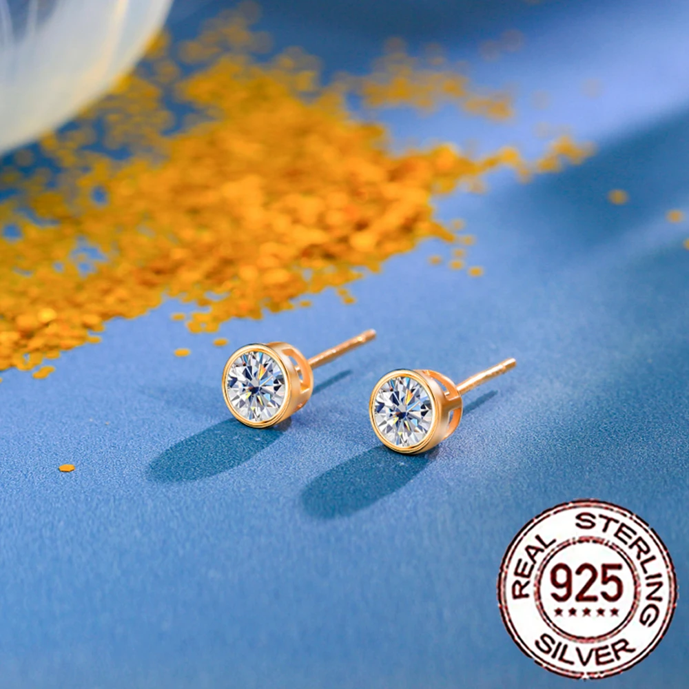 CWWZircons S925 Sterling Silver Simple Cubic Zircon Gold Color Round Daily Stud Earrings for Women Party Jewellery Gifts SE083