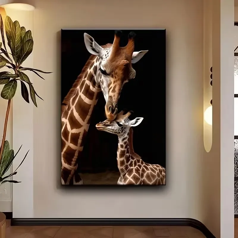Multiple sizes 1pc frameless Canvas Painting,Mother Giraffe and Her Calf Sharing A Kiss Family Poster and Prints Canvas Painting
