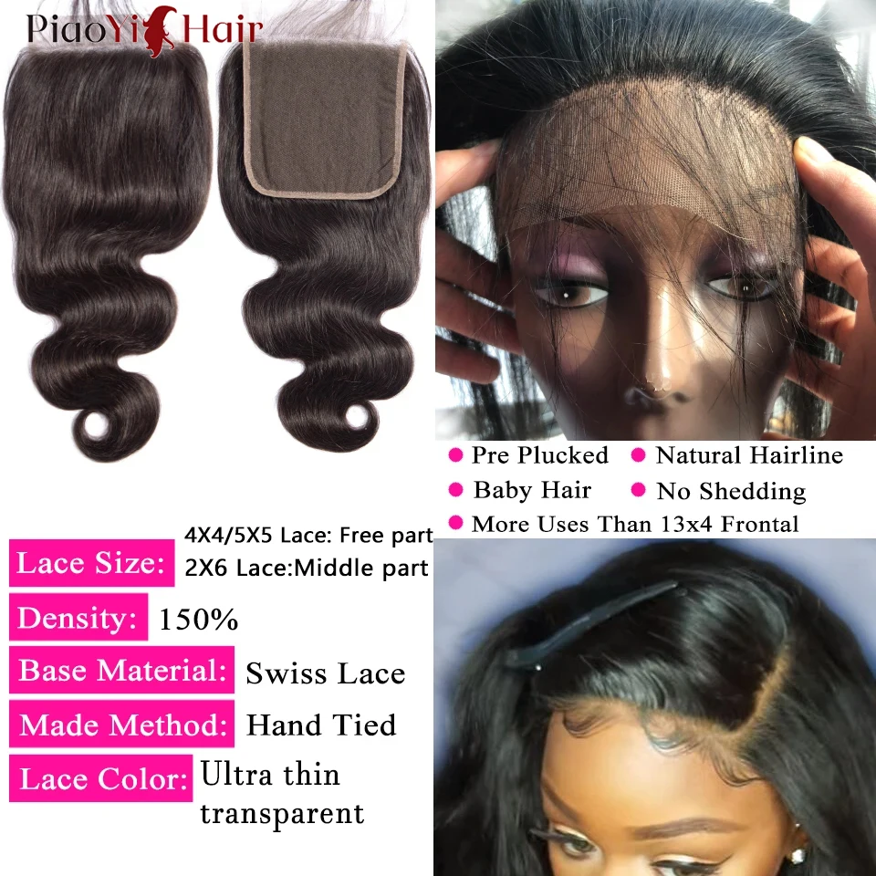 Paquete de cabello humano Body Wave con cierre 4x4/5x5, 100% crudo, tejido, con raya al medio 2x6 y encaje 4
