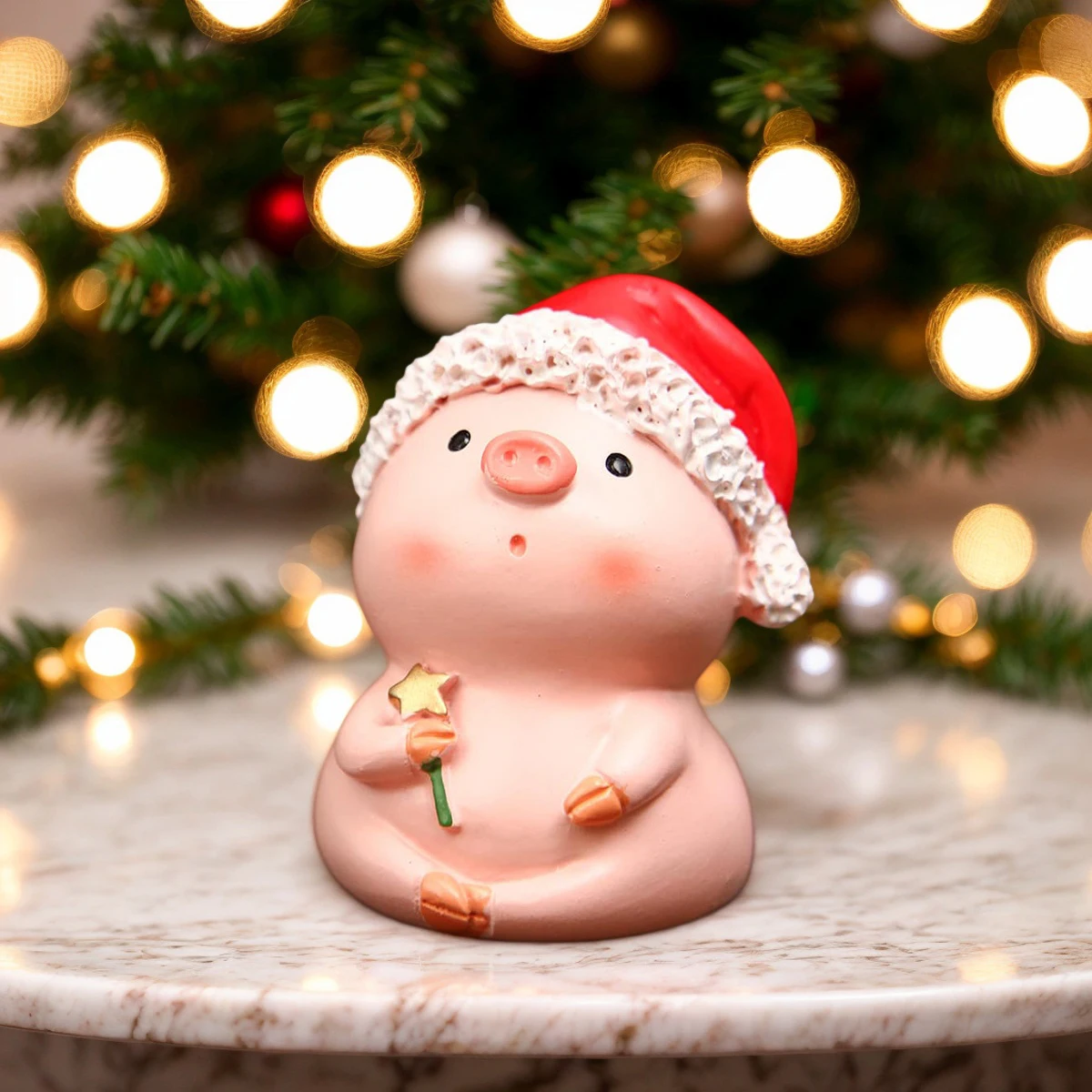 1PC, Christmas Decorations pink magic wand little pig desktop ornament with a beloved Santa hat