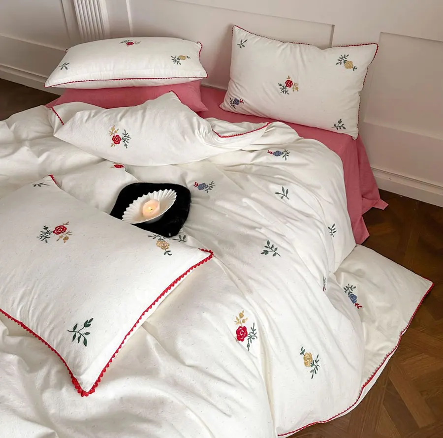 

Romantic embroidery flower bedding set double,full queen king fresh sweet cotton home textile flat sheet pillow case quilt cover