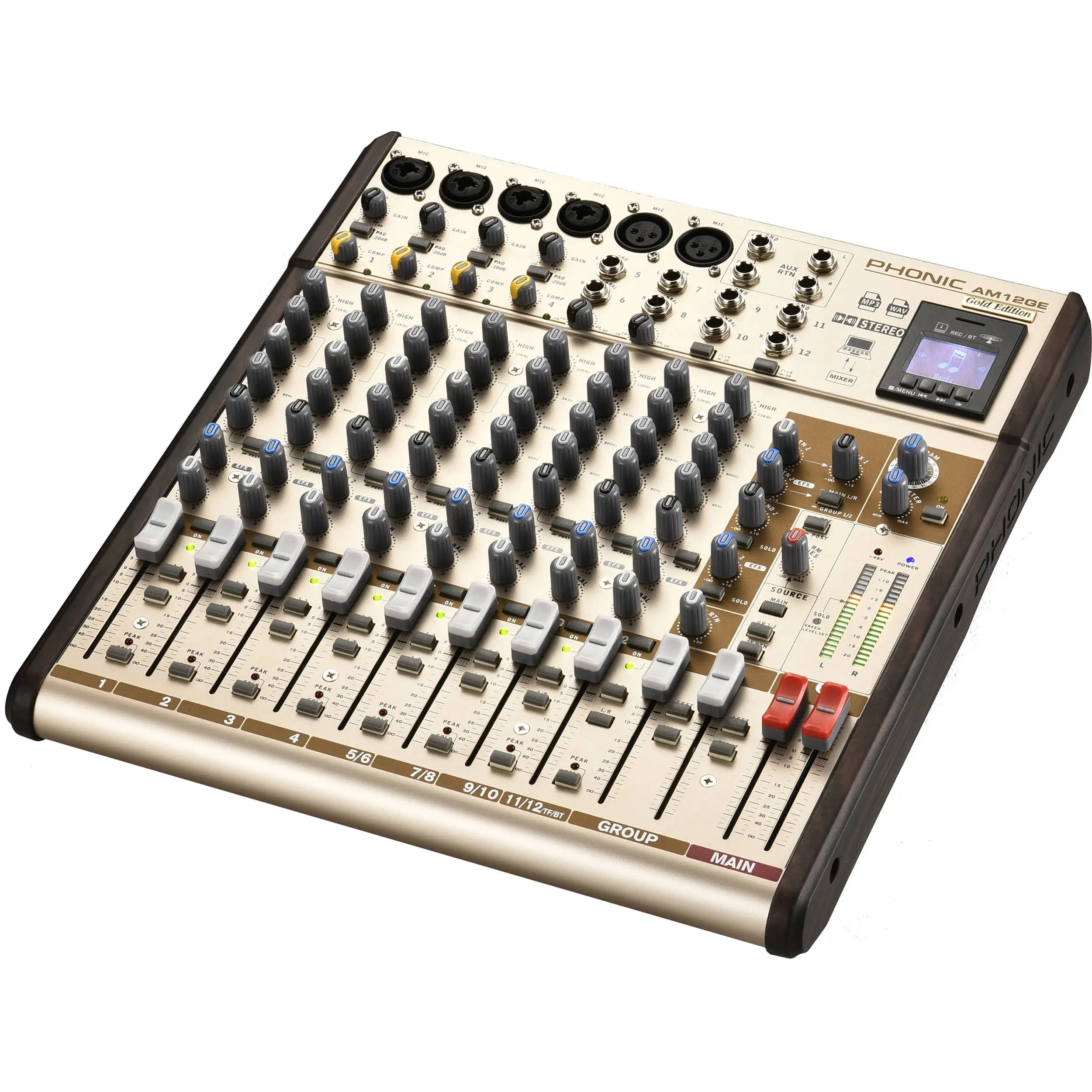 Phonic AM12GE - AM Gold Edition Compact Mixer with Group Output, DFX, Bluetooth, TF Recorder, and USB Interface