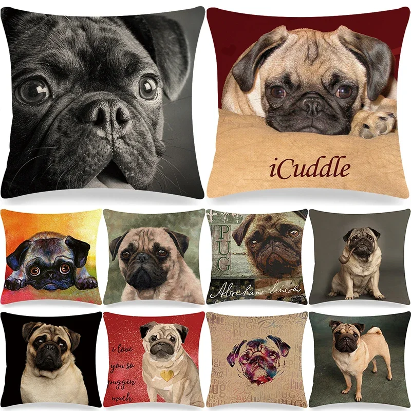 Pug Printed Pillows Cushion Cover 18x18 Inches Linen Pillowslip Home Sofa Car Decoration Throw Pillow Cover Cute Dogs Pillowcase