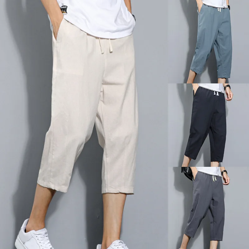 

New Men Casual Pants Summer Plus Size Cropped Trousers Breathable Cool Calf-Length Short Sweatpants 3/4 Straight Loose Shorts