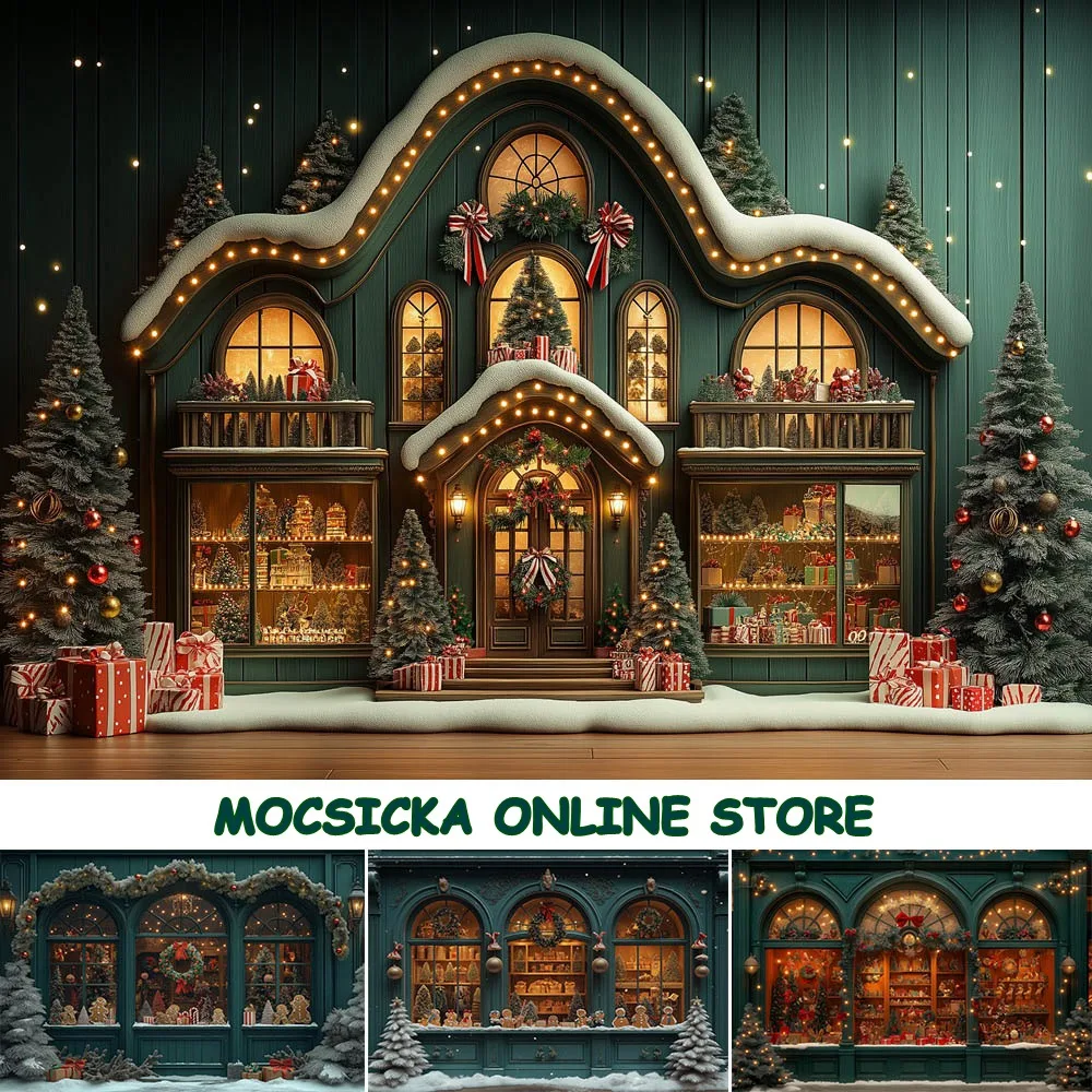 

Mocsicka Photography Background Vintage Green Christmas Gift Shop Showcase Winter Snow Outdoor Children Portrait Photo Backdrops