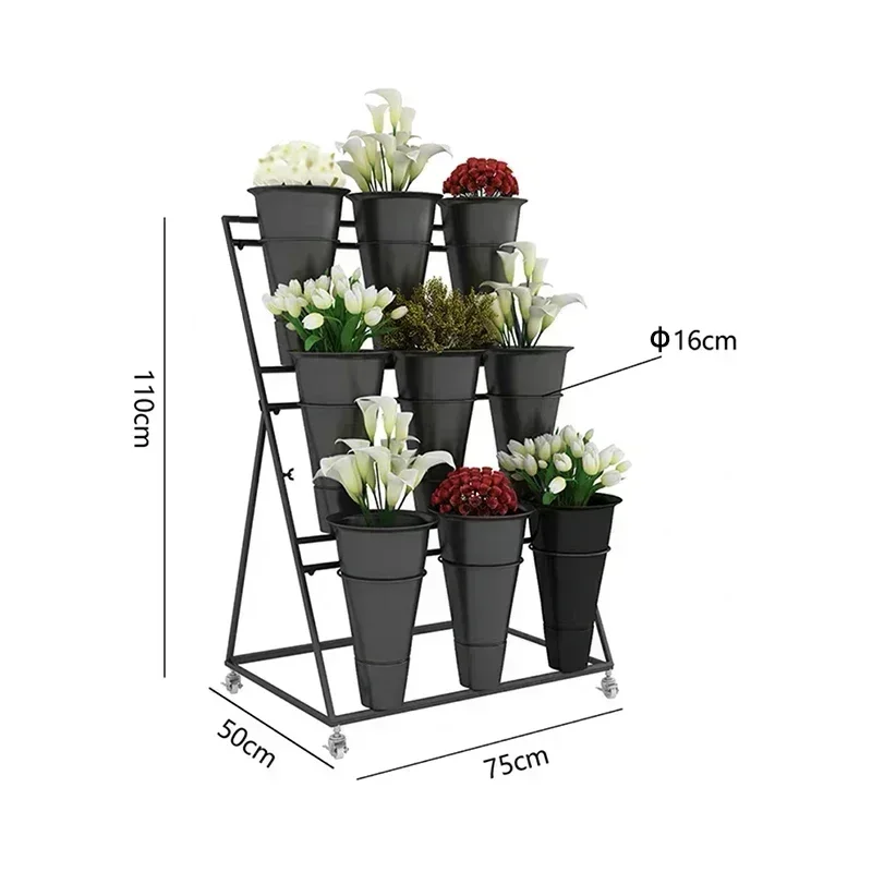 Multi-tier Flower Display Rack,Large Removable Display Stand with Plastic Bucket, Black Gold Flower Shop Iron Wedding Visualizer