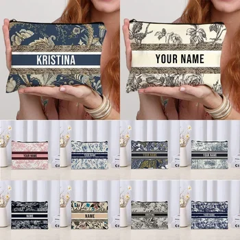 Organisateur de cosmétiques de voyage avec nom personnalisé, pochette de rangement pour fournitures de bureau pour femmes, sac de maquillage en toile cadeau personnalisé, trousse à crayons