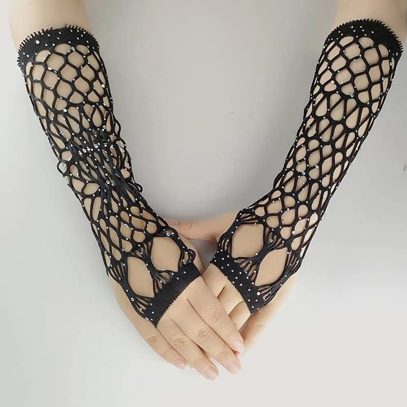 Sexy Wedding Bride Party Dress Dance Hot Drill Tick Finger Sun Fishing Net Sleeve GloveWomen Mesh Lace Rhinestone Mitten