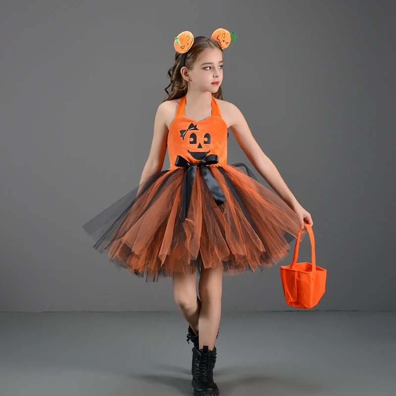 Baby Girls Halloween Pumpkin Costume Cute Sleeveless Tulle Dress Headband Bag Set Holiday Cosplay Outfits