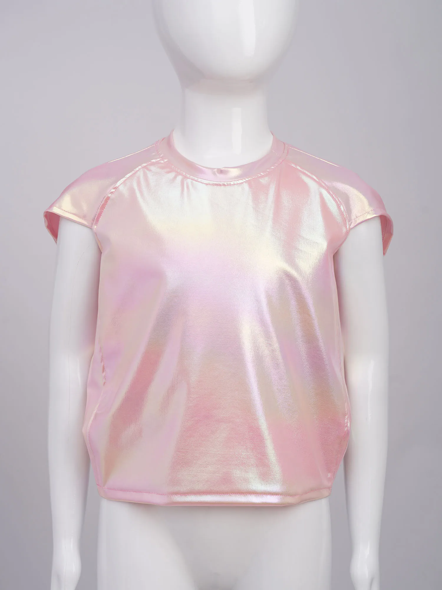 

Kids Girls Boys Shiny Metallic T-Shirts Hip-hop Cheerleading Dance Top Cap Sleeve Round Neck Crop Top Tees Performance Costume