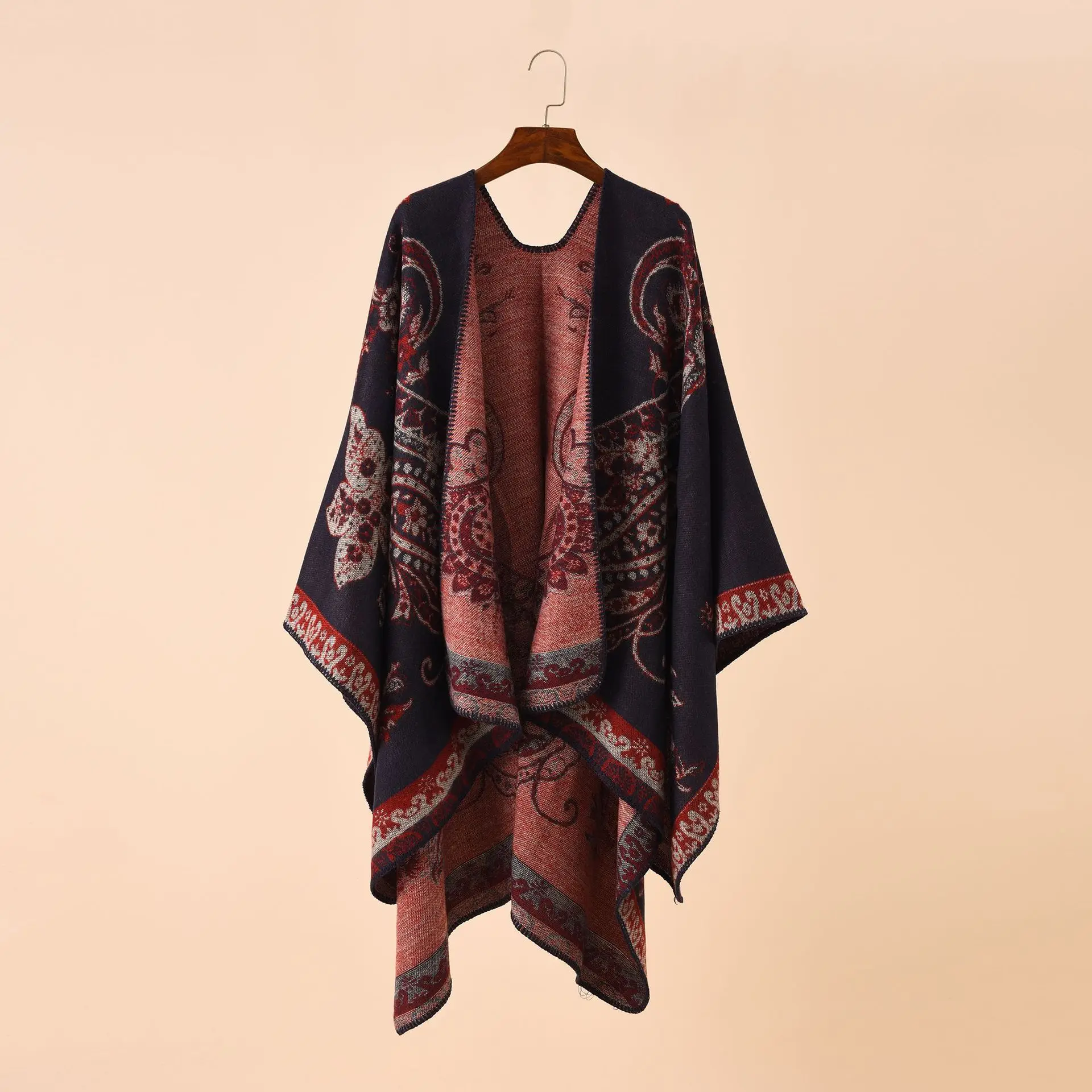 

2022 Autumn Winter New Street Geometric Lattice Flower Pattern Imitation Cashmere Warm Shawl Cloak Women Poncho Capes Wine Red