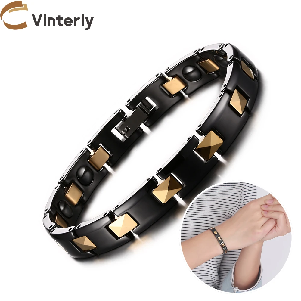 Vinterly Chain Bracelet Black Gold-color 7mm Ceramic Health Energy Magnetic Hematite Bracelets for Women Jewelry Waterproof