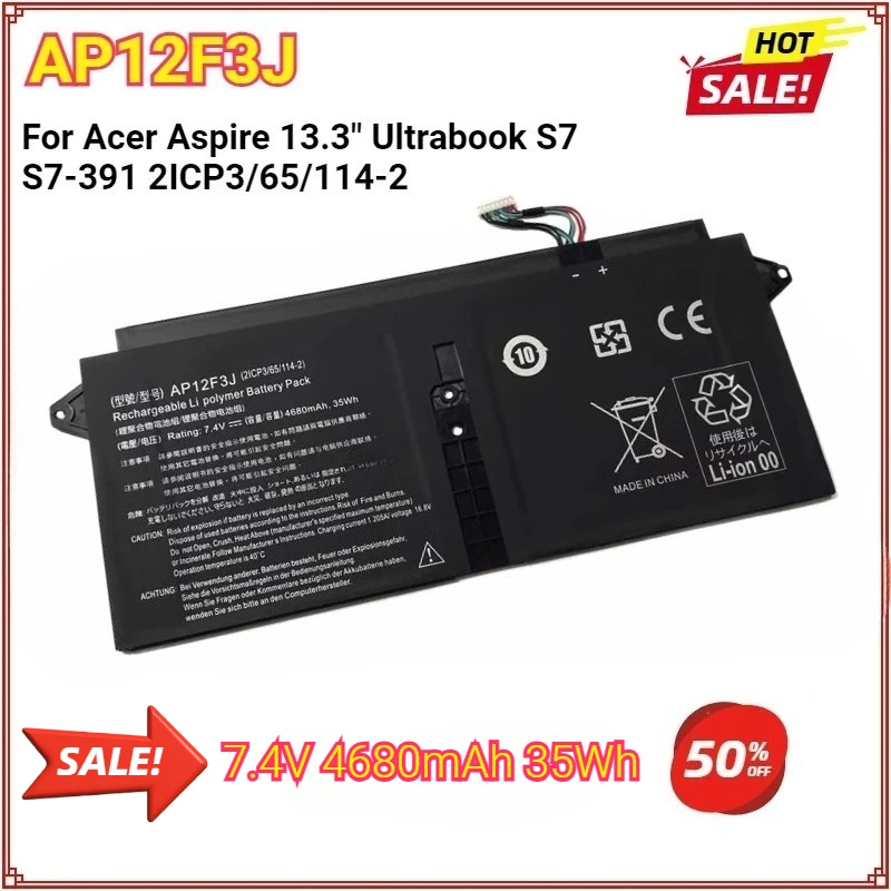 

AP12F3J Новый аккумулятор для ноутбука Acer Aspire 13,3 дюйма Ultrabook S7 S7-391 2ICP3/65/114-2 KT.00403.009 KT.0040R.001 7,4 В 4680 мАч 35 Втч