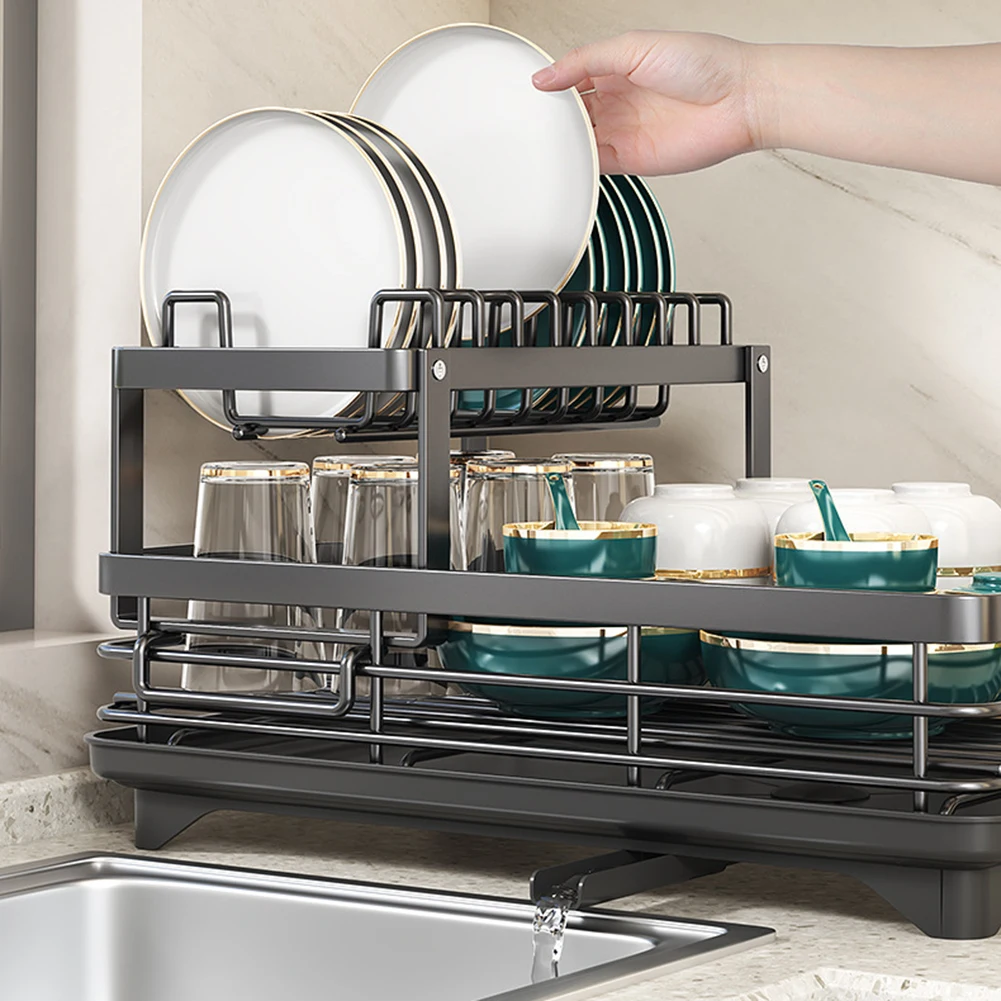 

Dish Rack With Drainboard 360° Swivels Spout Design 2 Tier Dish Rack For Kitchen Washroom