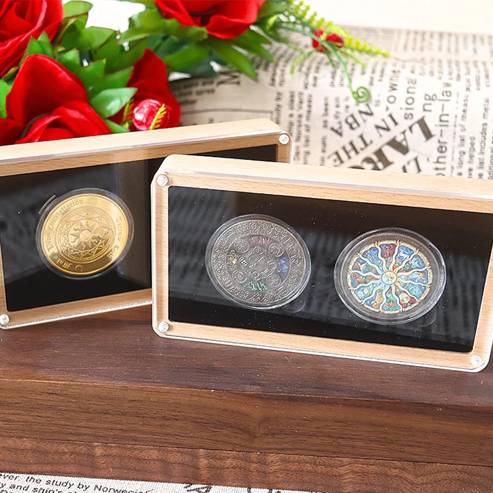 

2pcs Transparent Cover Retro Dual Currency Box Dustproof Badge Storage Box Go Out Portable Ancient Coins Collection Wooden Box