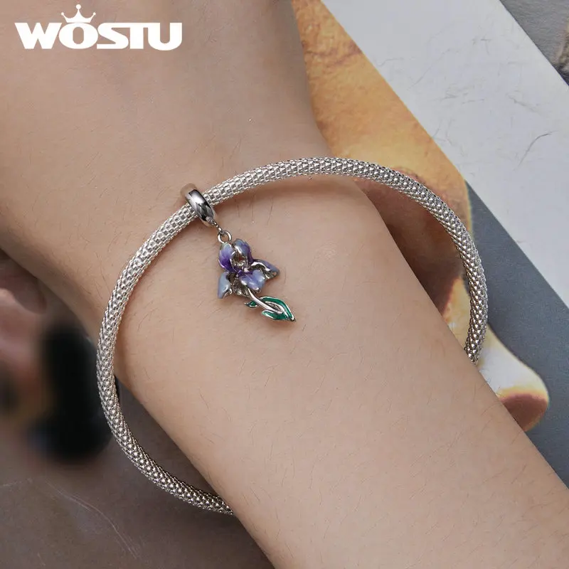 WOSTU Real 925 Sterling Silver Purple Flower Charms Morning glory Beads Fit Original Neckalce Bracelet DIY Women Jewelry Making