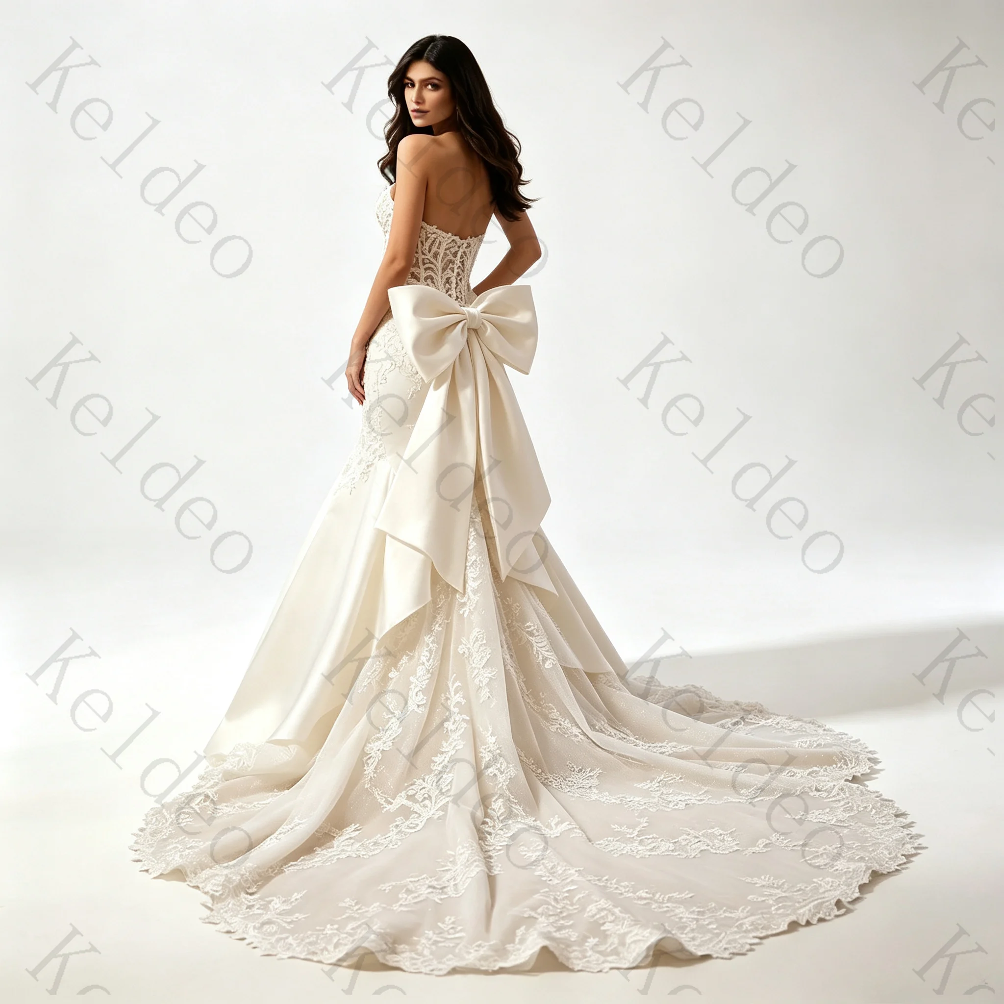 Customized Exquisite Lace Appliques Satin Wedding Dresses Bow Sweetheart Mermaid Sleeveless Floor-length Open Back Bridal Gowns