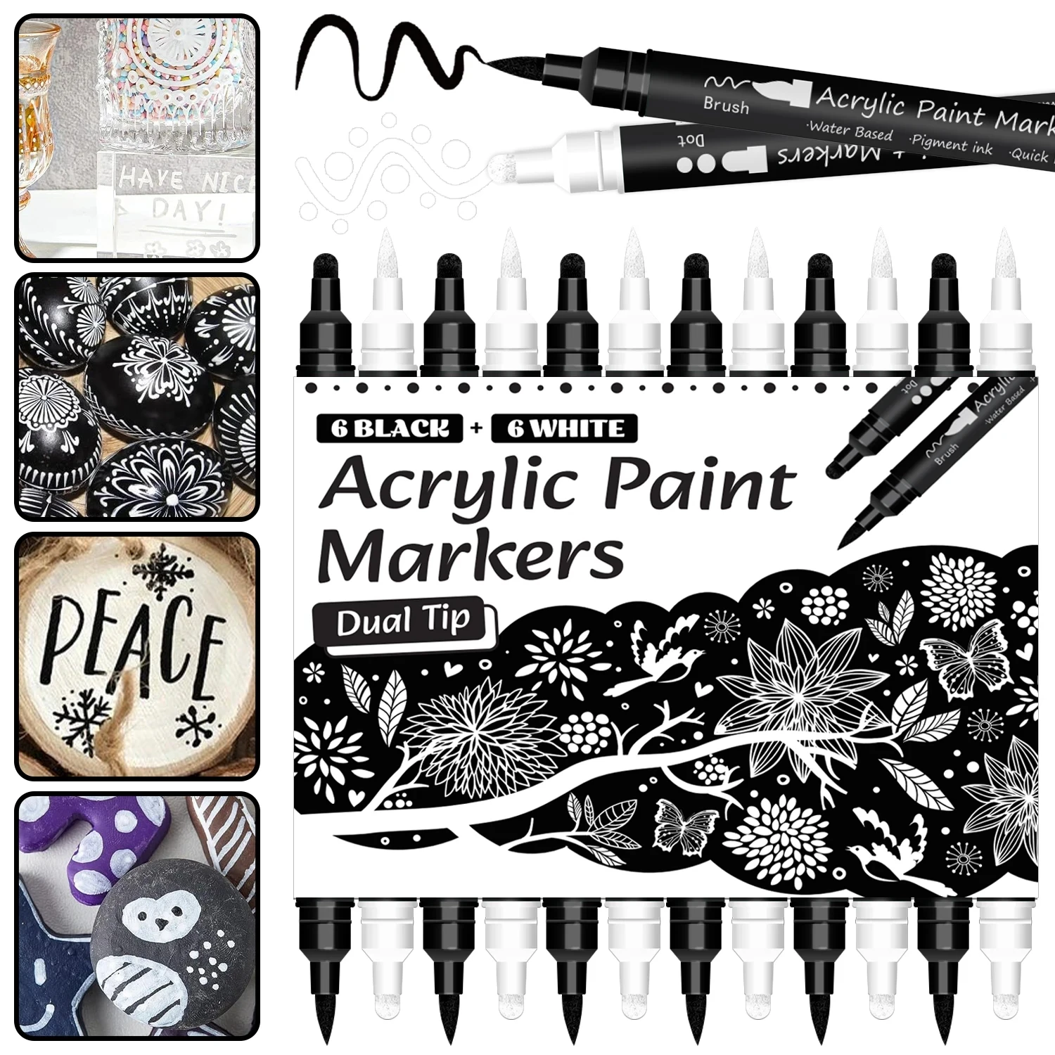 

Black White Acrylic Paint Marker Pen,12 Pcs Brush and Fine Dotl Tip for Paper,Rock Painting,Wood Sign,Metal,Plastic,Drawing