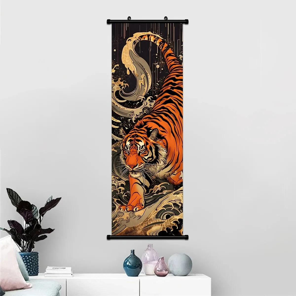 VIKAMA Tiger on Golden Wave Japanese 3 Piece Wall Scroll Tapestry Set Wildlife Poster Wall Decor Gift for Living Room Bedroom