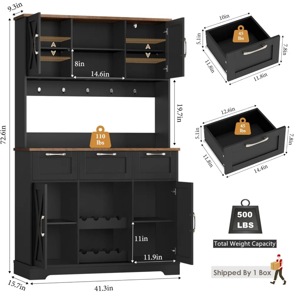 Farmhouse Style Large Kitchen Pantry Cabinet with 3 Drawers, Barn Door & Shelves