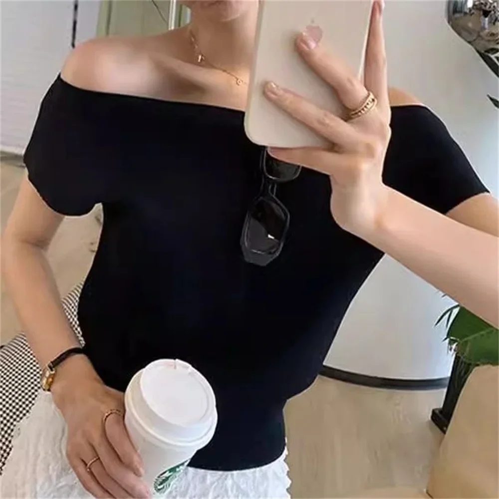 

Вязаная футболка из ледяного шелка с открытыми плечами и короткими рукавами, женская элегантная женская пуловер, летние укороченные топы, корейская праздничная повседневная футболка 2025